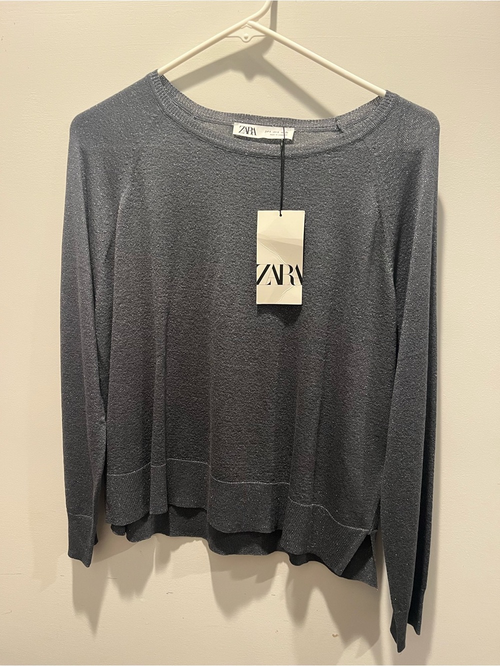 Zara Metallic Charcoal Crewneck Long-Sleeve Sweater